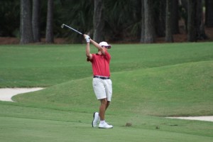 Gavin Hall completes his swing on a heroic second shot that reached the green safely on the par-5 11th hole on the Stadium Course. (Photo courtesy of Jacqueline Davis) 