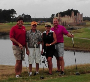 Playing golf with America's Golfing Couple in Myrtle Beach near the Wizard's Castle of Mystic Golf. Guy in the orange cap is my friend Sir Charles Novitske.