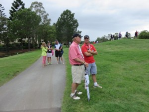Graham conversing with another golf course design aficionado, seemed like there was at least one or two a hole that came by to chat and tell him how impressied they are by the new the new design and can't wait to play it!