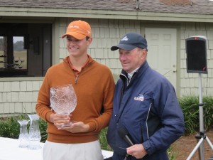Beau Hossler, Individual Medalist, accepts the trophy from tournament sponsor and namesake John Hyat.