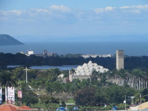 Lake Managua with the New (foreground) and Old Cathedral (background) from the Intercontinental.