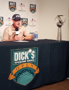 Jeff Maggert, the 2015 DSGO Champion with his trophy, in the Media Center after a bogey-free 66 seized his 4th win of the year!