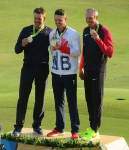 Olympic Golf Medalists: Center Gold- Justin Rose; Left Silver- Henrik Stenson; and Right Bronze Matt Kuchar.